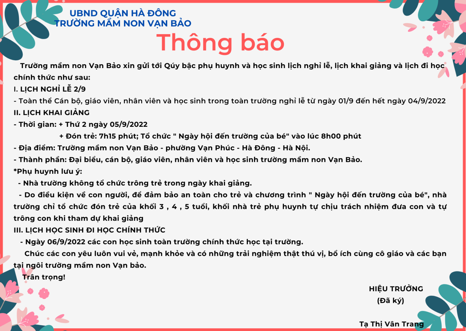 trường mầm non vạn bảo thông báo