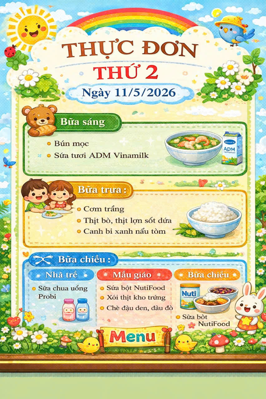 Công khai thực đơn, sổ tính khẩu phần ăn của trẻ ngày 11/5/2026